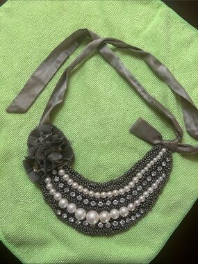 Gray Pearl & Crystal Ribbon Tie Necklace